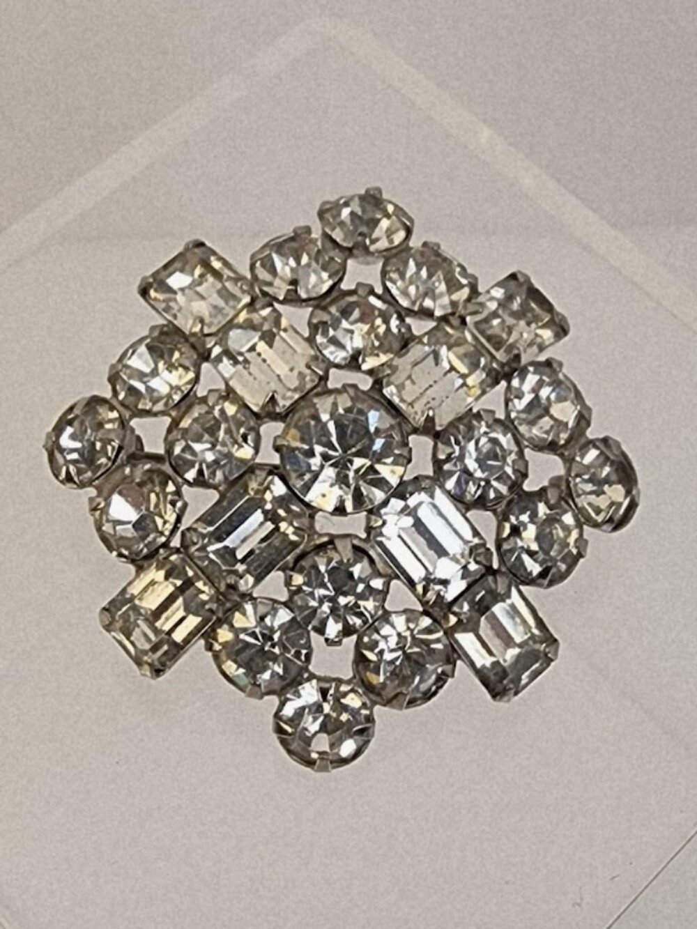 Vintage Art Deco Rhinestone Brooch Pin Silver Clear Gemstones